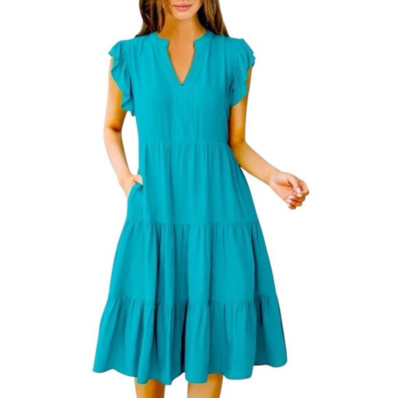 THML Turquoise Tiered Midi Dress Size Large - Picture 1 of 9